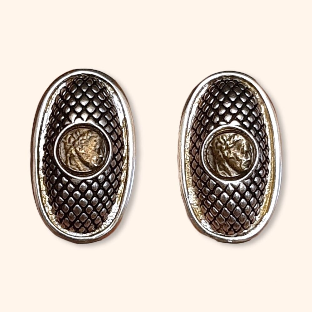 Vintage Signed Bruce Cabot Silver Tone Textured Clip On Thick Earrings Romain
